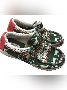 Hey Dude Wally Ugly Sweater Lined Shoes Men’s Size 9 Green Christmas Reindeer